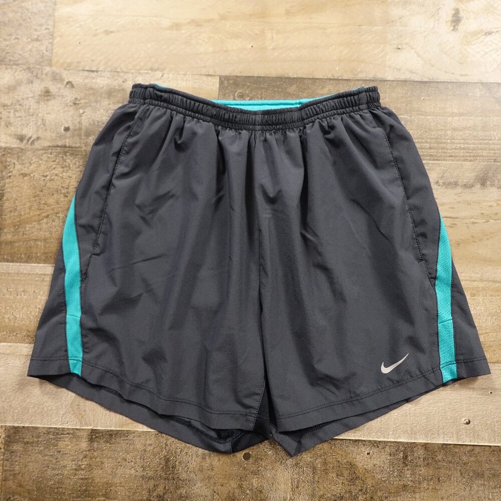 Nike Dri-FIT Running Shorts Men’s Small Charcoal Black Teal Trim 5” Inseam Lined